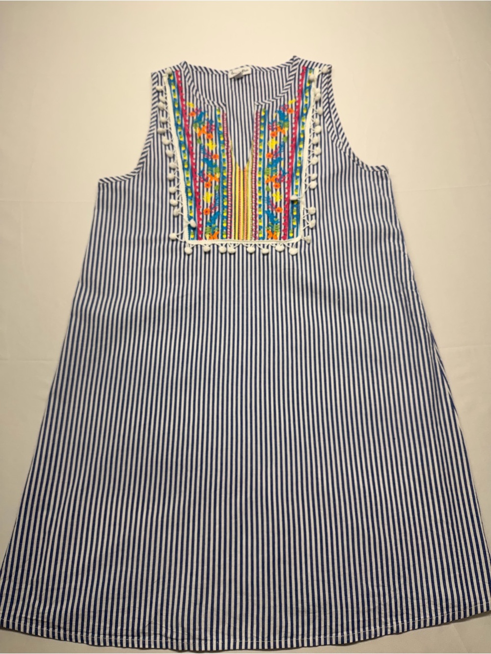 Love Fire Embroidered Striped Sleeveless Shift Dress | Medium | Boho